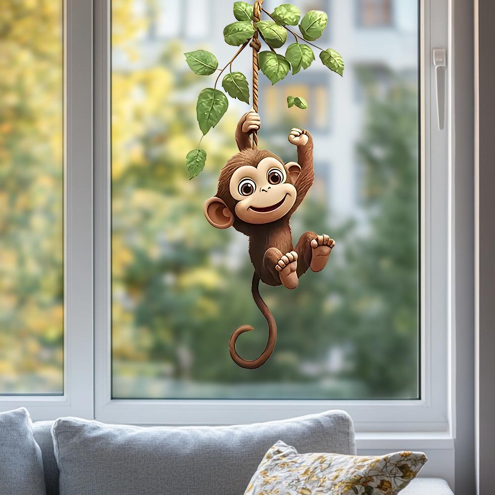 Playful Monkey Swinging on Vine with Green Leaves Static Cling Window Sticker Removable Self-Adhesive Glass Decal Home Decor Art