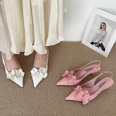 Pumps Pink Footwear Shallow Women Medium Heels Shoes Pointed Toe Female Slides Slingbacks Flower Ladies Thin Heels Shoes