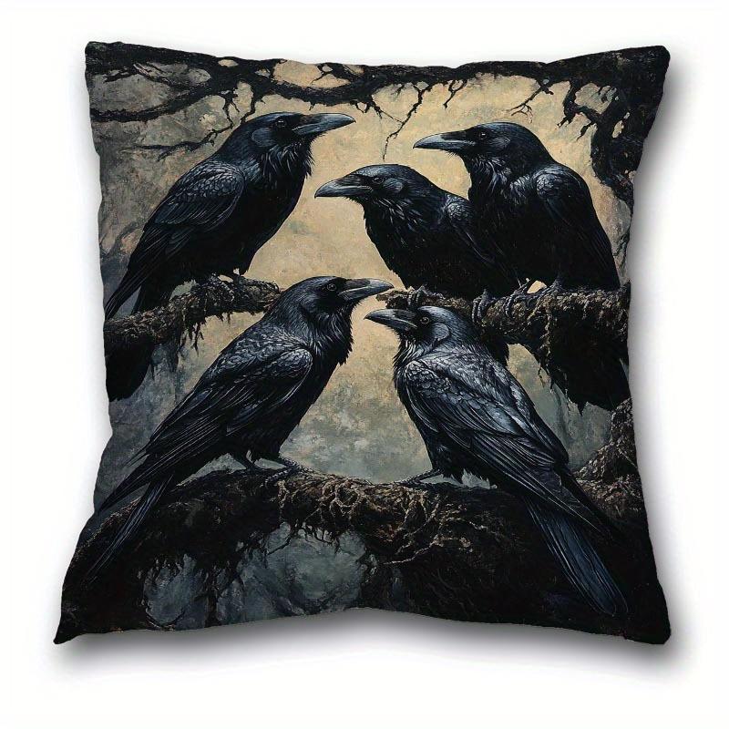 Pandara Jewelry Unisex 1Pc Vintage Style Crow Flock Printed Throw Pillow Cover, Suitable For Sofa, Bedroom, Living Room, A Unique Gift For Bird Lovers.