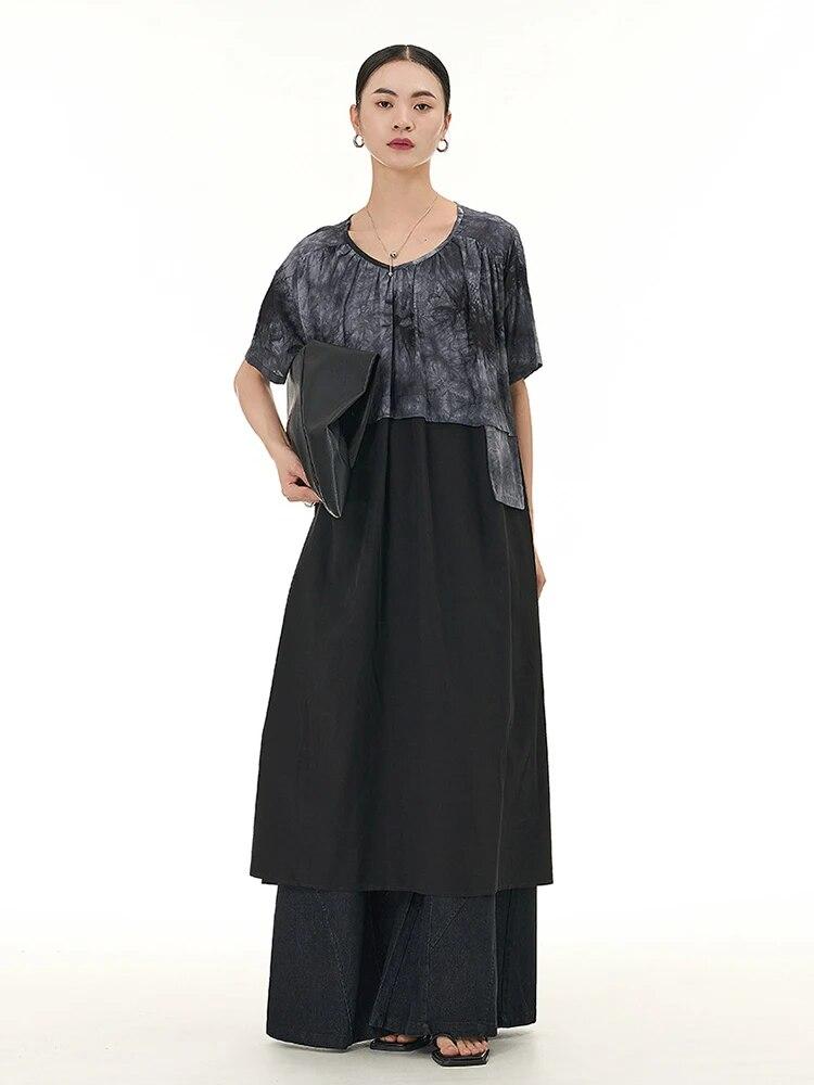 Xitao Patchwork-Batikkleid, locker, kurzärmelig, lässig, Sommermode, LYD1636