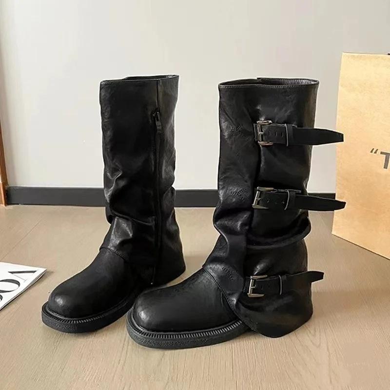 Inner Height Increase 7cm Medium Tube Belt Buckle Retro British Style Knight Boots Women's 2025 Autumn and Winter New Long Tube Fashion Boots