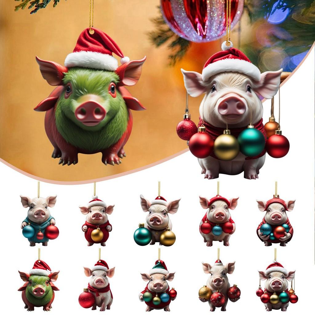 Cartoon Pig Festive Acrylic Pendant Cute Christmas Decoration For Vehicle Interiors