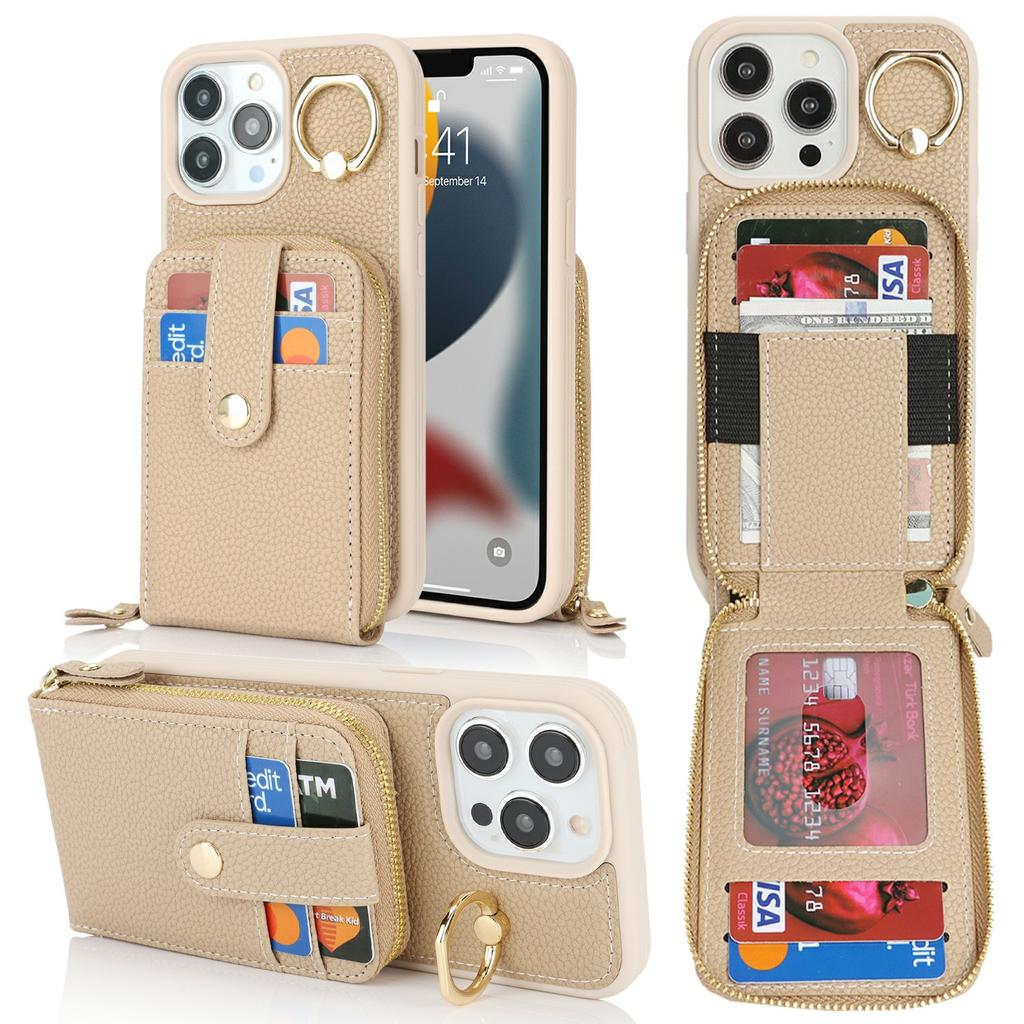 For iPhone 13 Pro Max/12 Pro Max Case with Zipper Pouch/Ring Kickstand/Strap Litchi Texture PU+TPU Phone Cover