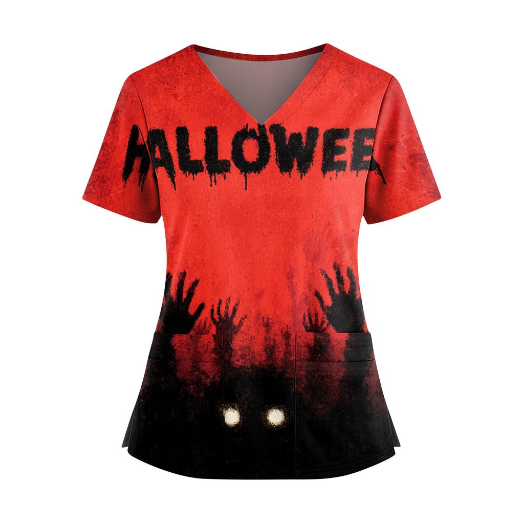 Halloween Print V Neck Short Sleeve Nurse Top with Double Pockets and Side Slits Medical Scrub Shirt for Healthcare Workers