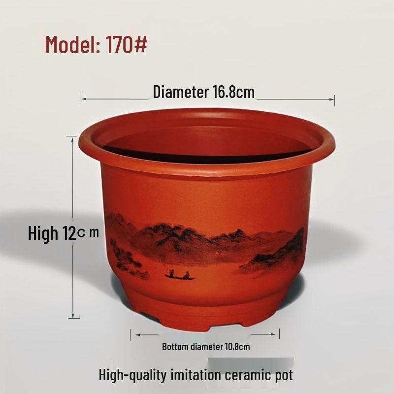 Imitation Ceramic Round Flower Pot, Brick Red Frosted Resin, Realistic Classical Landscape Style