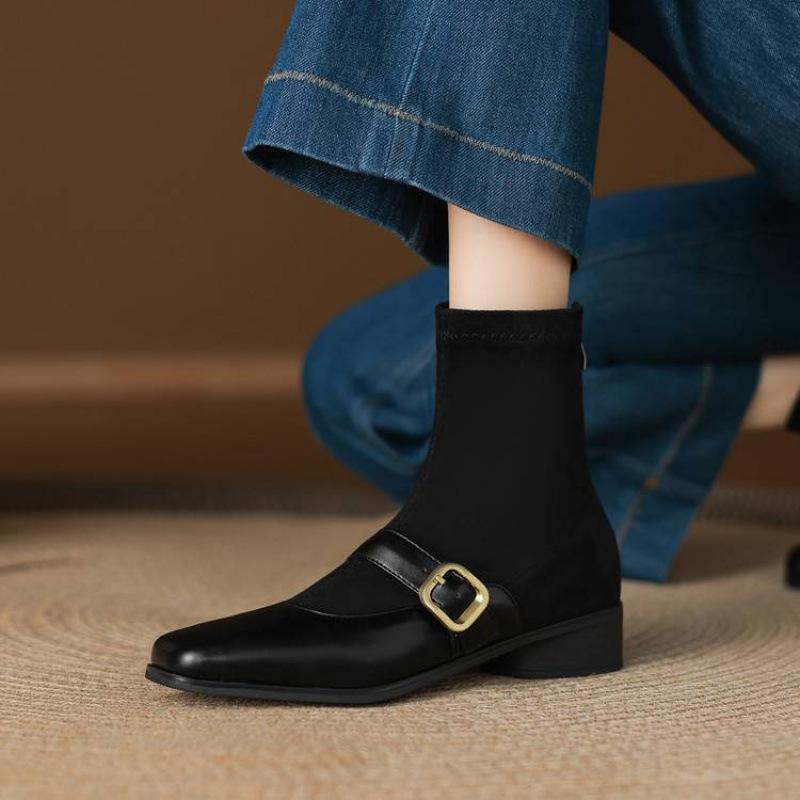 New low-heeled suede elastic medium boots non-slip rubber sole square-heeled large-size women's boots autumn and winter square-head Martin boots