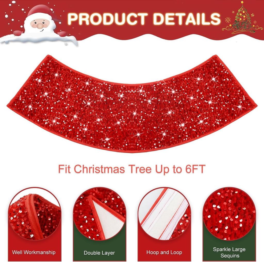 Red Sequins Christmas Tree Collar Sparkly Round Trees Ring Elegant Tree Skirts Collar Embroidered Trees Base Shiny Ornaments