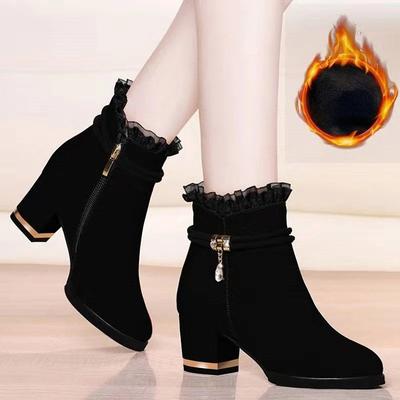 Neue Herbstmode Stiefel Damen Pelz Winter Warm Spitz Knöchelstiefel Sexy Hoher Absatz Strass Dekoration Reißverschluss Damenstiefel