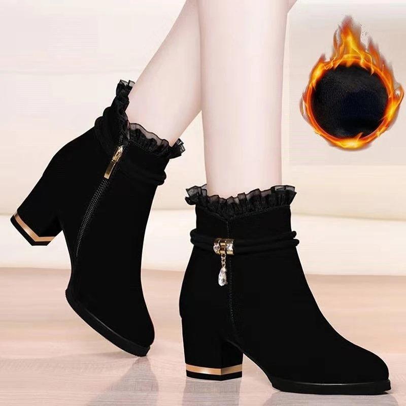 New Autumn Fashion Boots Women Fur Winter Warm Pointed Ankle Boots Sexy High Heel Rhinestone Decoration Zipper Women Boots