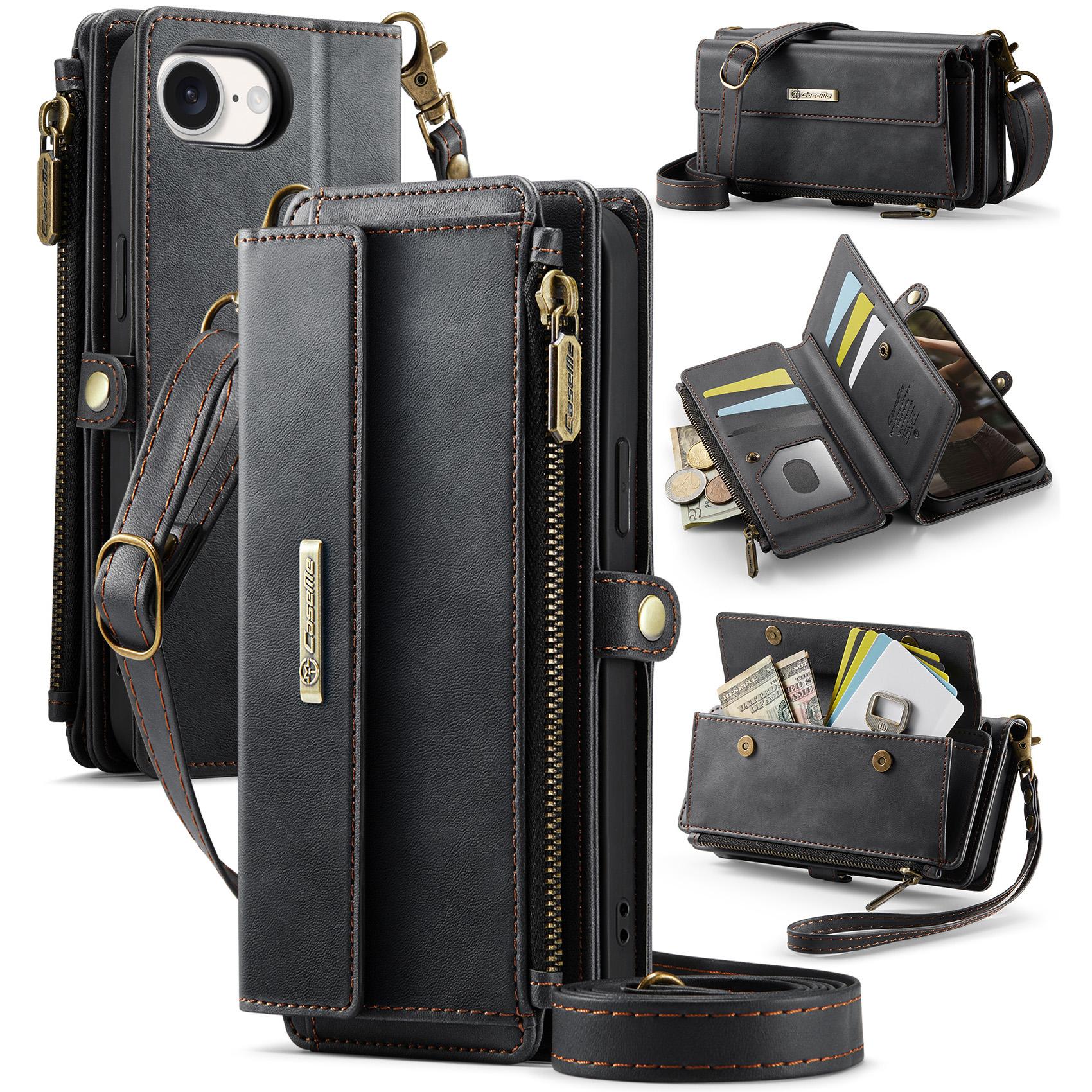 

For iPhone 16e Case CASEME C39 RFID Blocking Zipper Wallet Stand Leather Cover with Strap Black