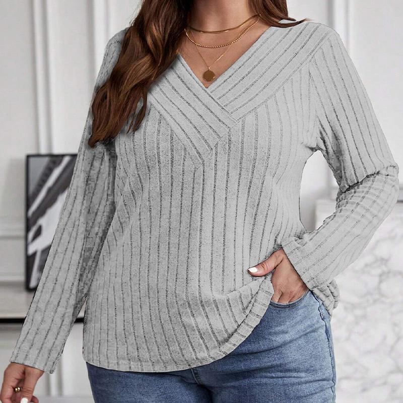 

Жіночий великого розміру пуловер у рубчик з V-подібним перехресним вирізом, з довгим рукавом, м яка футболка з начосом 5XL сірий