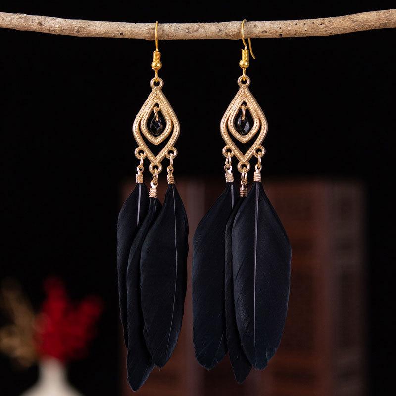 Trendy Ethnic Retro Multicolor Feather Beaded Circle Dangle Earrings