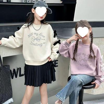 Girls' Bow Sweatshirt - 2025 Autumn, Chic Loose Fit, Korean Style Long Sleeve Top for Spring/Fall.