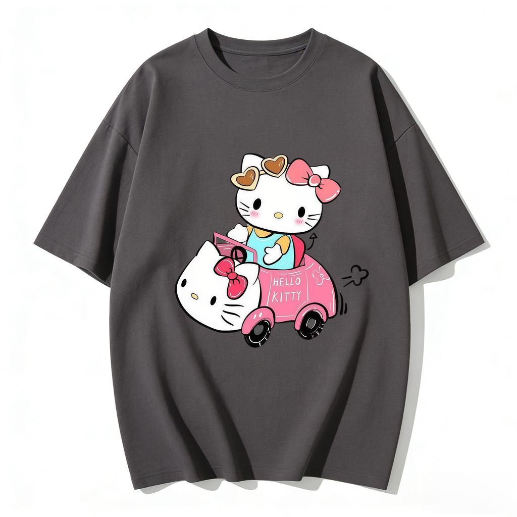 2026 Summer Trendy Cute Hello Kitty Driving Pink Car Graphic Couple Tshirts Streetwear Family Matching Parentchild Clothing