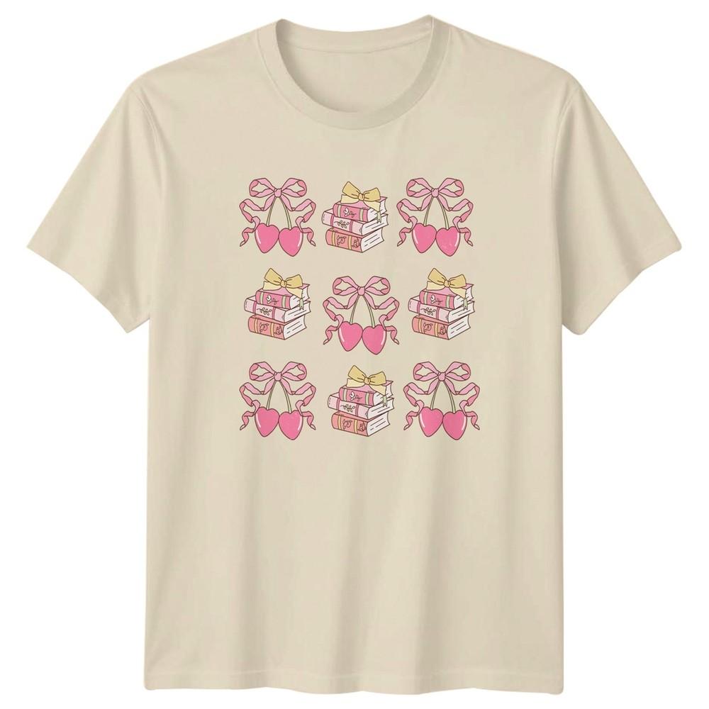 Pink Bow Hearts Book Stack Pattern Unisexs TShirt Coquette Aesthetic Reading