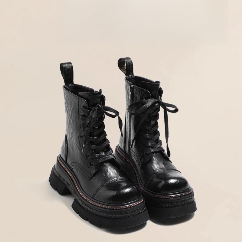 Soft leather version~ Super cool heightening 7cm thick-soled Martin boots for women's 2024 autumn models, polished and washed locomotive 
