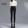 Women Winter Jeans High Waist Faux Fur Lining Slim Fit Button Closure Soft Warm Thick Solid Color Pockets Pencil Pants Lady Autumn Trousers