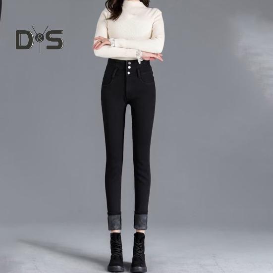Women Winter Jeans High Waist Faux Fur Lining Slim Fit Button Closure Soft Warm Thick Solid Color Pockets Pencil Pants Lady Autumn Trousers
