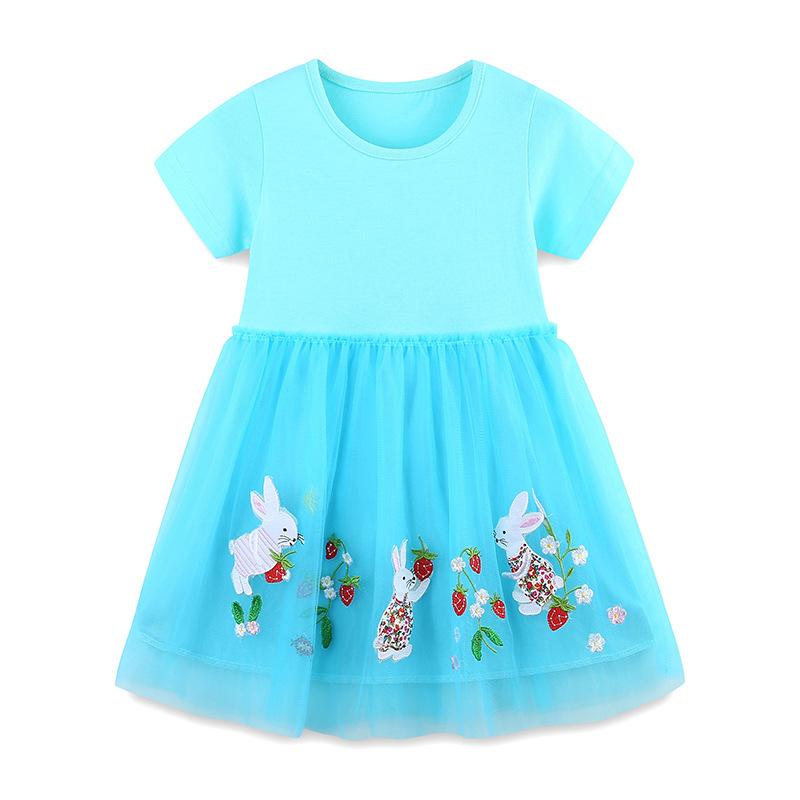 Summer New Girls Short Sleeve Dress Embroidered Rabbit Girls Princess Dress Party Mesh Children s Dress 7Y(125cm)