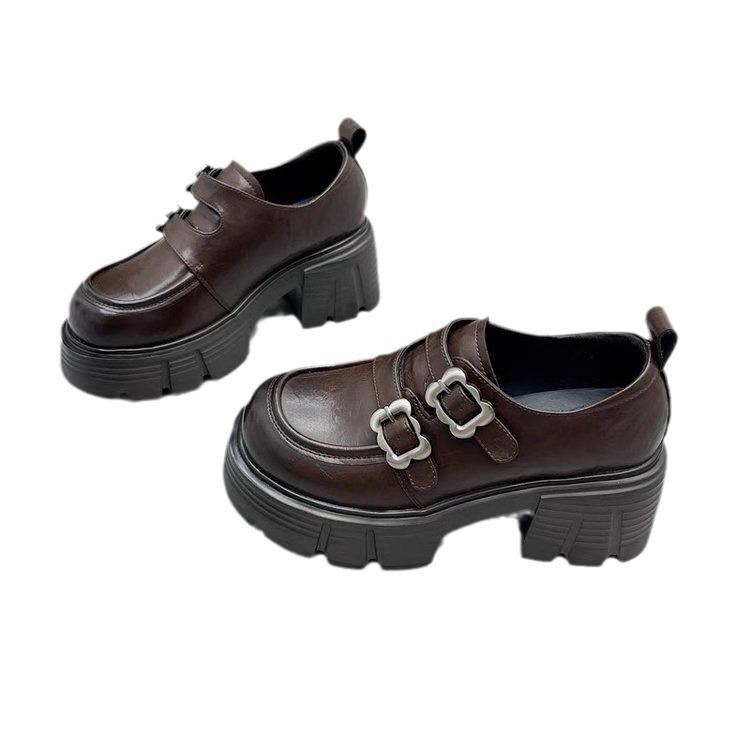 Soft Leather Version~ 2025 Autumn New Small Man Height Increase 7CM Small Leather Shoes Retro Belt Buckle Velcro Loafers Women