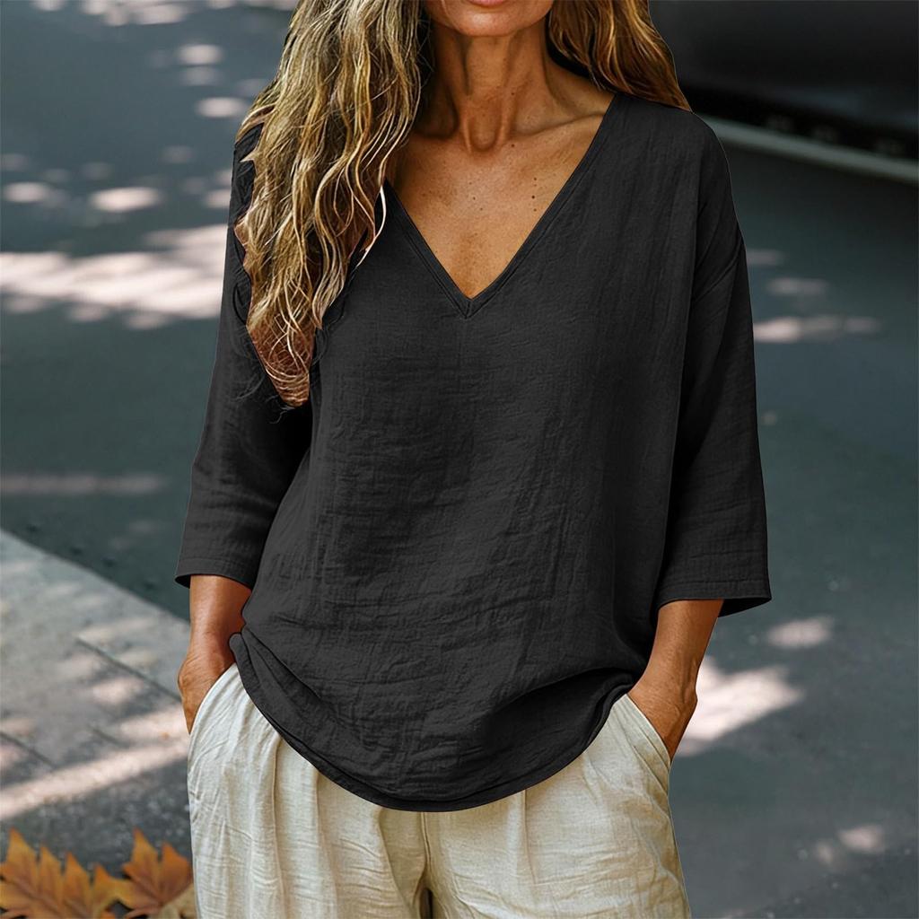 Women's Fashionable Loose-Fit -Color Cotton-Linen V-Neck Casual Blouse