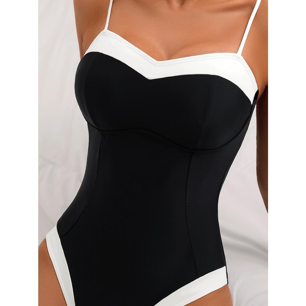 Women's One-Piece Swimsuit - Black & White Contrast Color Block, Thin Straps Backless Design, Summer Swimwear,Trendy Swimwear