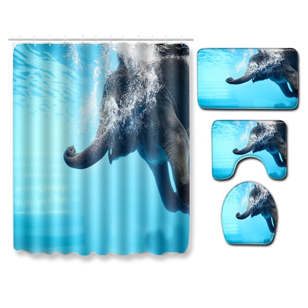 Elephant Lion Animal Shower Curtain Floor Mat Combination Set Toilet Carpet Shower Room Mat Foot Mat