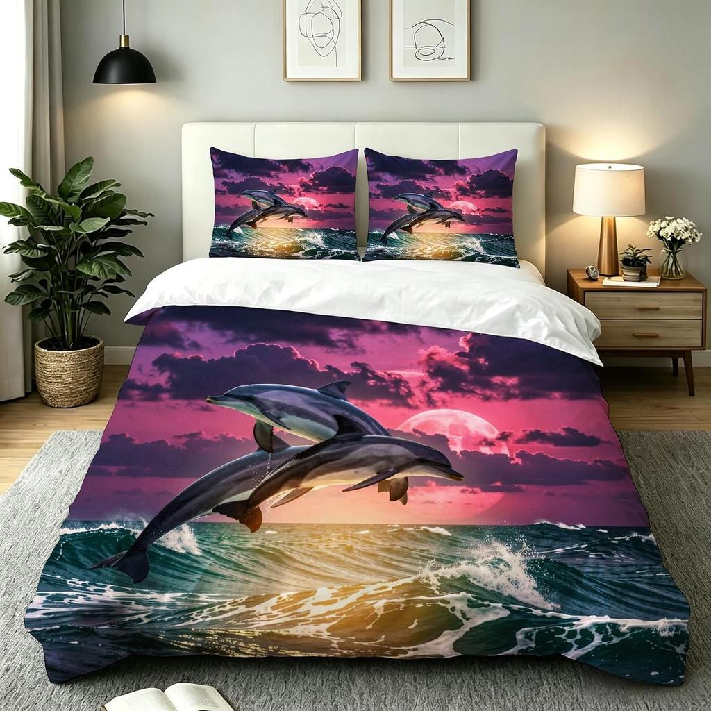 Dolphin Duvet Cover with Pillowcases 75*50cm for Kids Boys Girls, 2 Pieces Soft Microfiber Dolphin Bedding Set for Room Decor