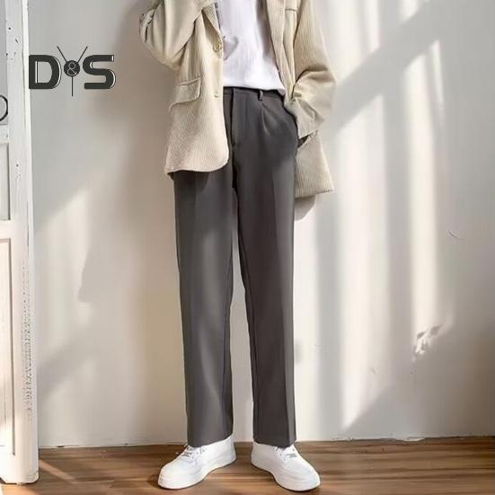 Men Suit Pants Wide Leg Loose Straight Elastic Waistband Formal Business Style Side Pockets Button Zipper Closure Solid Color Office Trousers