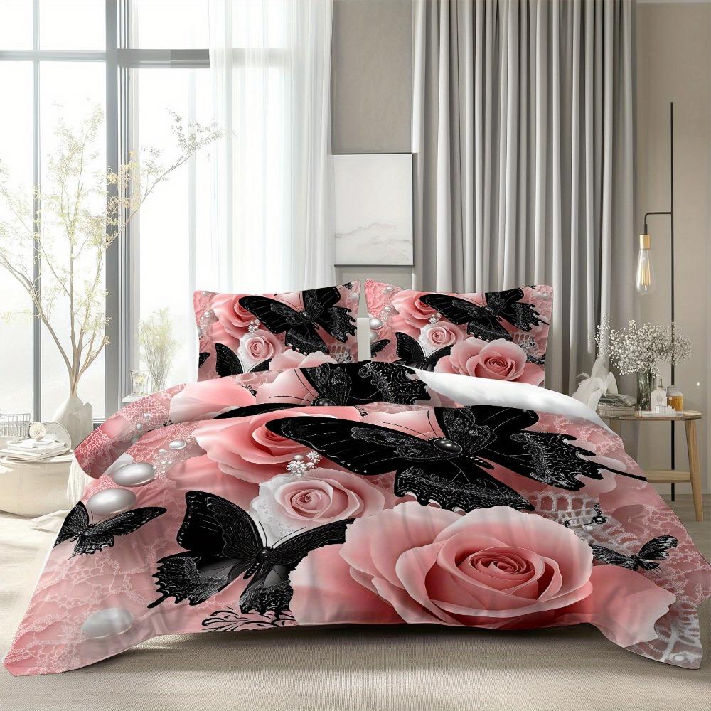 3pcs Pink Beding Set Buterfly Rose Pearl 3D Print Cozy Soft Duvet Cover King Quen Twin Sized Dimensions Birthday Gift for Adult People Bedrom Decor