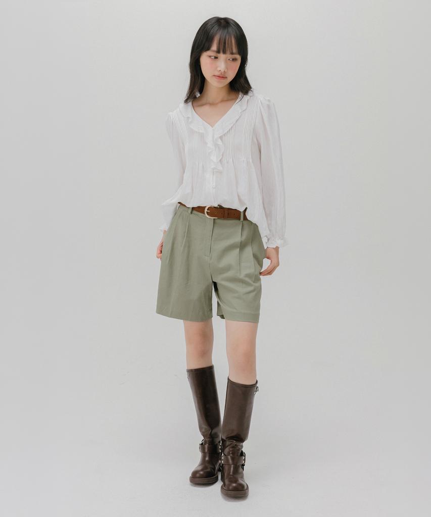 Mellotoli Frill Neck Pintuck Blouse (White)
