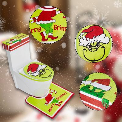 Yeni Noel Klozet Kapağı Noel Dekorasyon Seti Grinch Oturak Minderi Klozet Kapağı ve Ayak Pedi Dört Parçalı Set