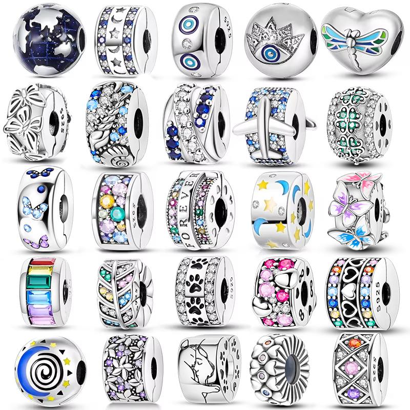 Copper Charms Clasp Stopper Beads Clip Charm Star Moon Flower Shape Fit Original Pan Bracelet Diy Jewelry Making