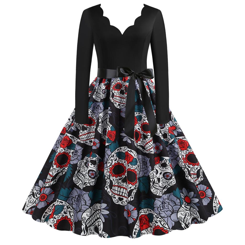 Women New Halloween   Print Dress Round Neck Zipper Party Dress
