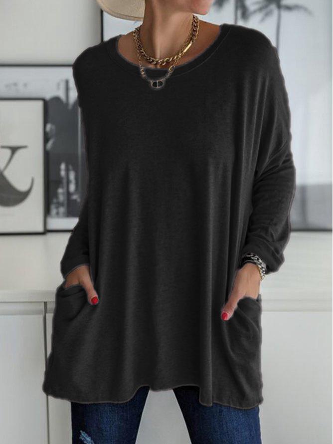2023 Spring/Summer Women's Casual Solid Color Long Sleeve Round Neck Pocket T-Shirt