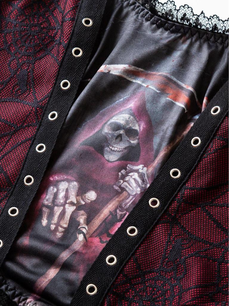 Tmavá gotická potisk Bůh smrti Krajková patchworková tílka - Rychlé doručení Hot Girl Crop Top