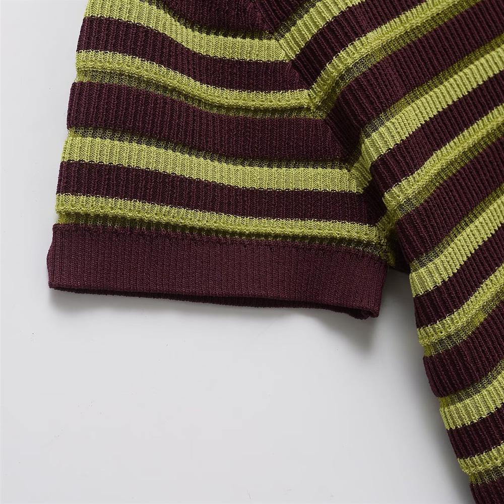 2025 Spring/Summer Women's Striped Knit Polo Collar Short-Sleeve Top