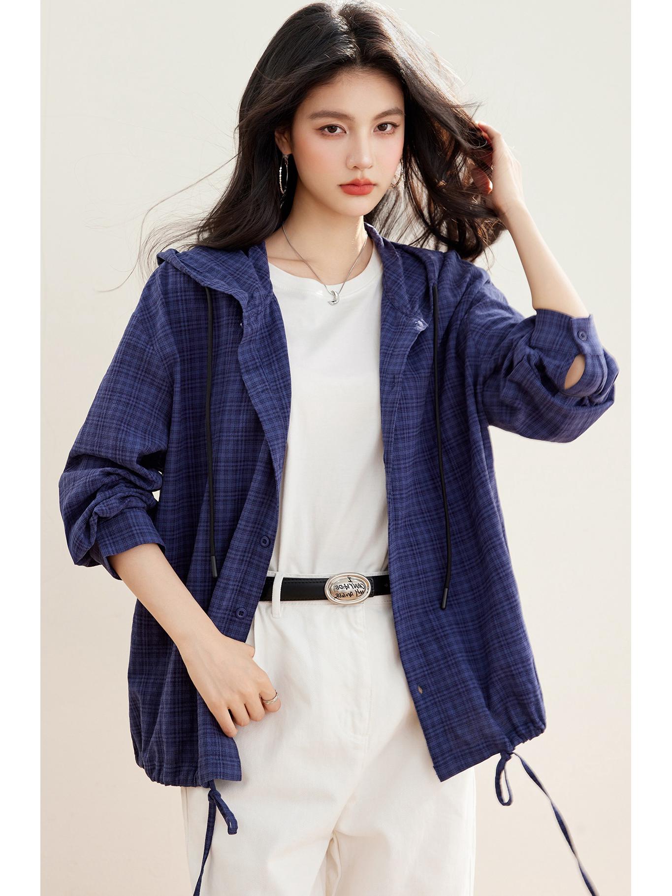 

Plaid Hooded Sunscreen Shirt for Women - Lightweight Drawstring Casual Coat S
