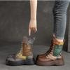 Johnature Damenstiefel mit dicker Sohle, echtes Leder, Retro-Stil, runde Zehenpartie, seitlicher Reißverschluss, gemischte Farben, Plateauschuhe