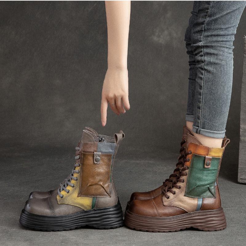Johnature Damenstiefel mit dicker Sohle, echtes Leder, Retro-Stil, runde Zehenpartie, seitlicher Reißverschluss, gemischte Farben, Plateauschuhe