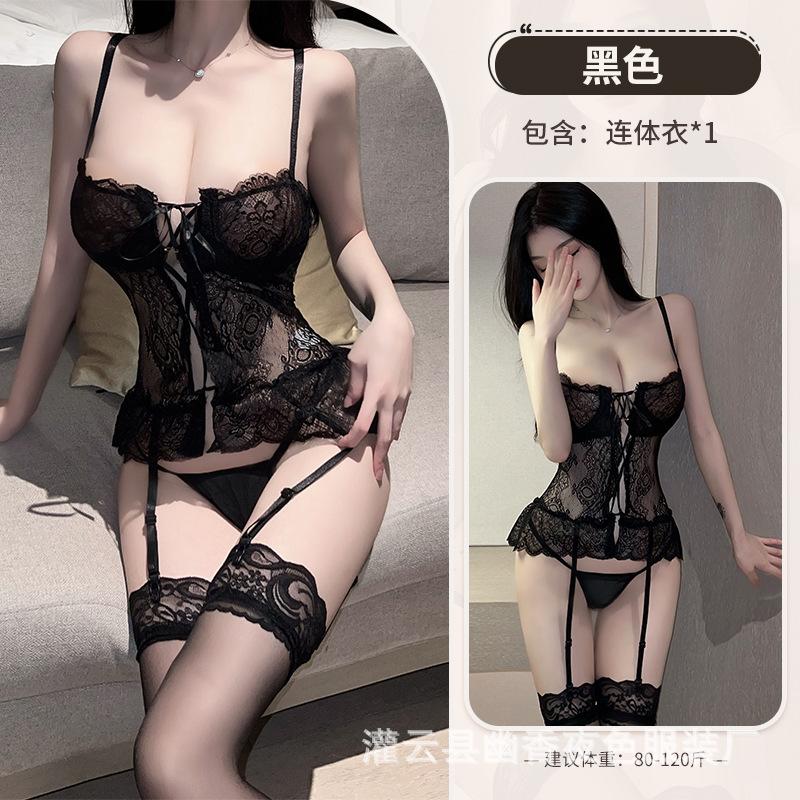 Sexy Unterwäsche, sexy Strapsgürtel, Spitzen-Bustier, durchsichtiger offener Schritt Einteiler, Uniform-Set.