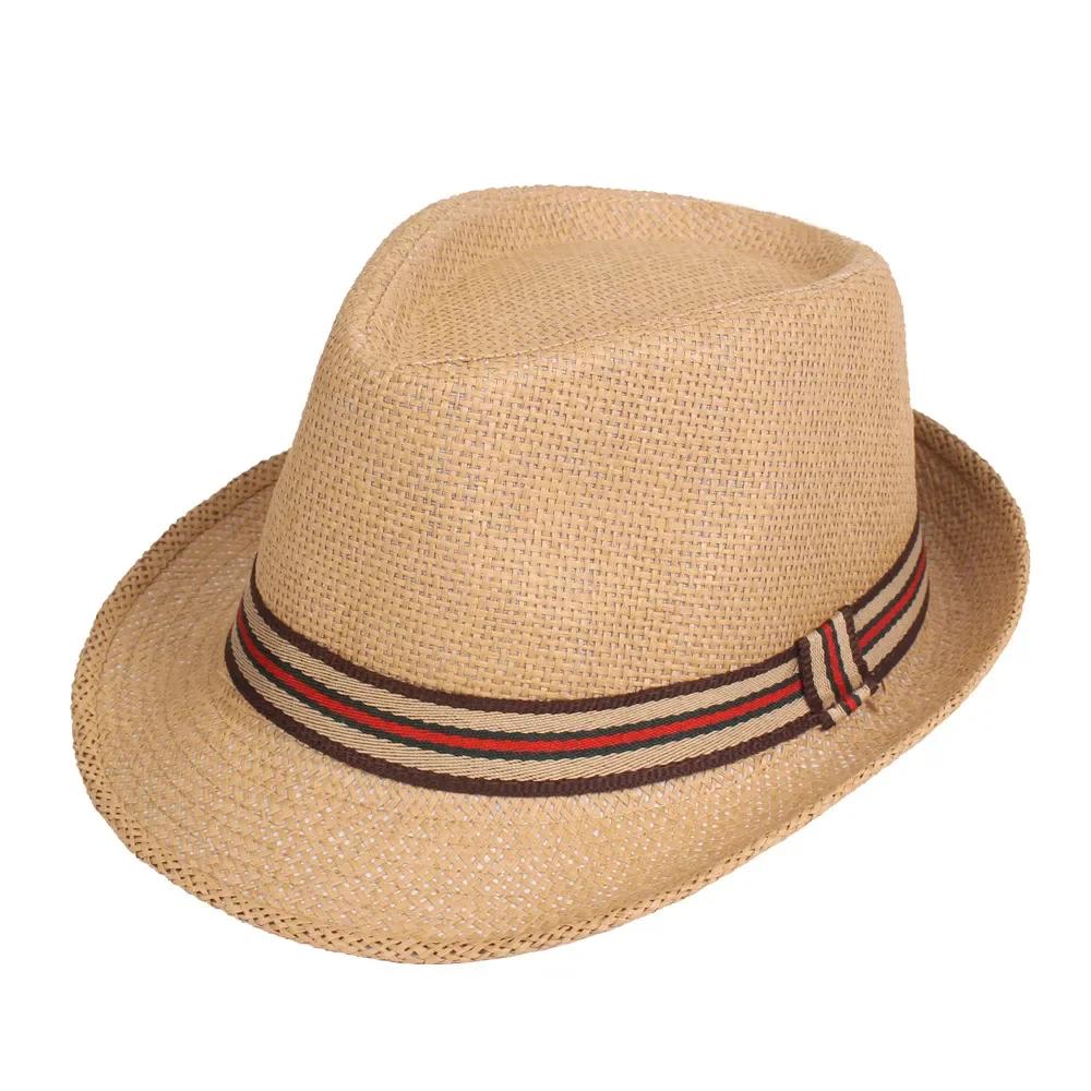 Men's Straw Hat - Summer Beach Sun Hat with Striped Ribbon, Solid Color Fedora & Cowboy Jazz Cap, Casual Gangster Style