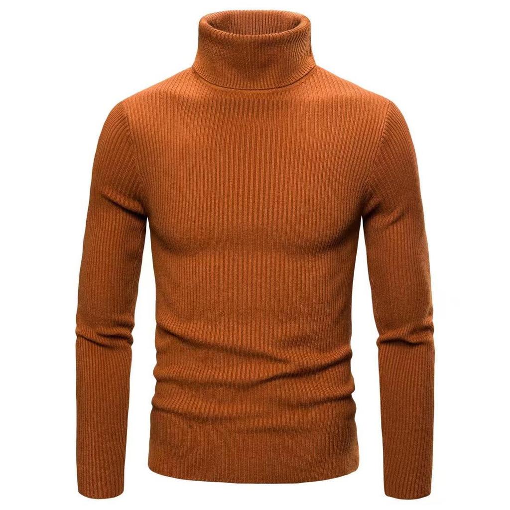 Men's Solid Color High Neck Slim Fit Striped Knit Sweater