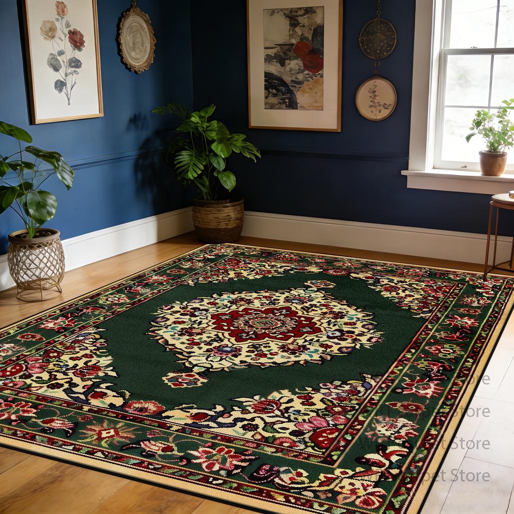 Retro Red Living Room Carpet Flower Pattern Decoration Large Area Soft Rug Bedroom Dining Room Washable Non-slip Mat Pile Fabric