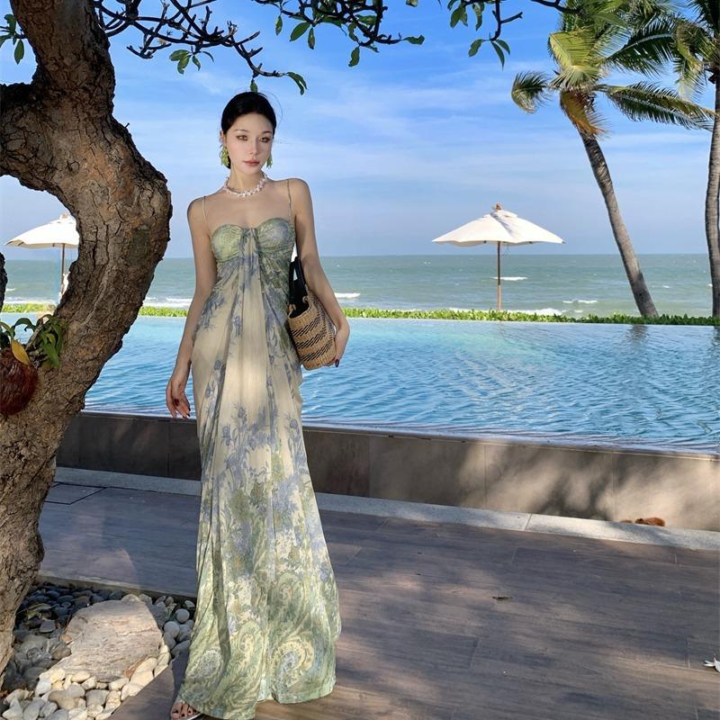 French Suspender Dress Women's Summer Mesh Printing Temperament Shows Thin Long Seaside Vacation Skirt Shows Figure Dress Skirt