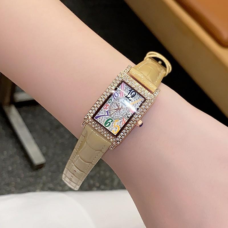 Square Diamond-Encrusted Watch Women'S Temperament Fashion Gypsy Star Color Word Small Dial Wind Leather Strap