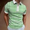 Trendy Zip-up Short Sleeve Polo, Stylish Checkered Design for Casual Wear.