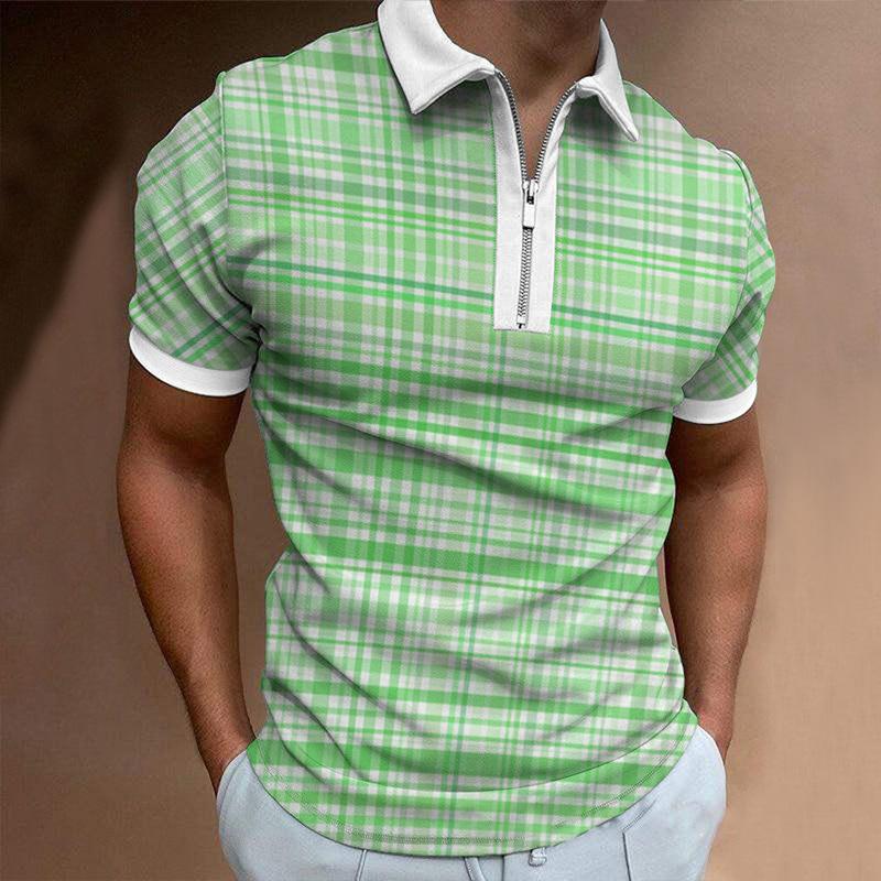 Trendy Zip-up Short Sleeve Polo, Stylish Checkered Design for Casual Wear.