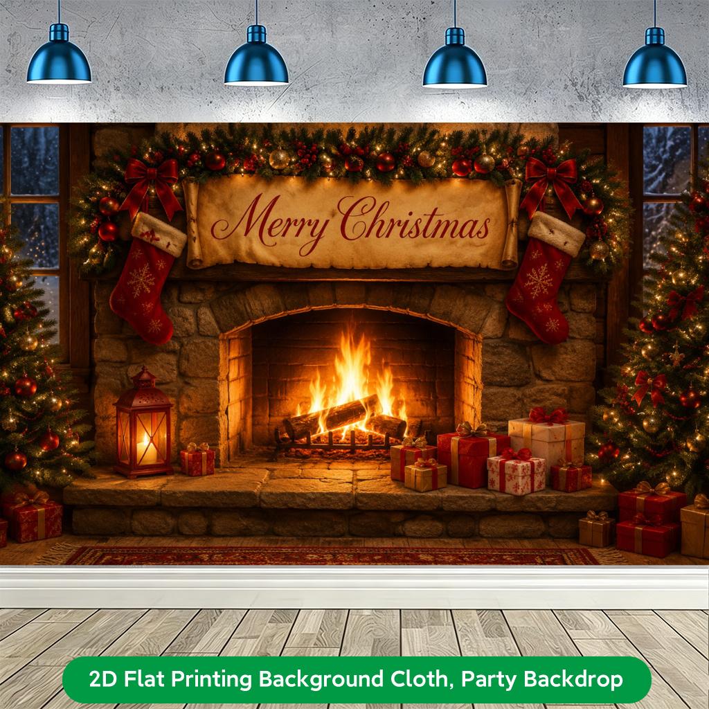 1Pcs Cozy Fireplace Stacked Gifts Holiday Decoration Background Winter Backdrop Decorations For Photo Studio Photo Booth Party