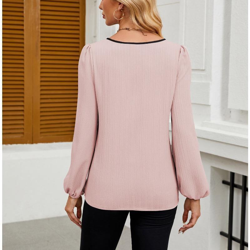 Haut de chemise à manches longues bouffantes à col en V et à assortiment de couleurs pour femmes